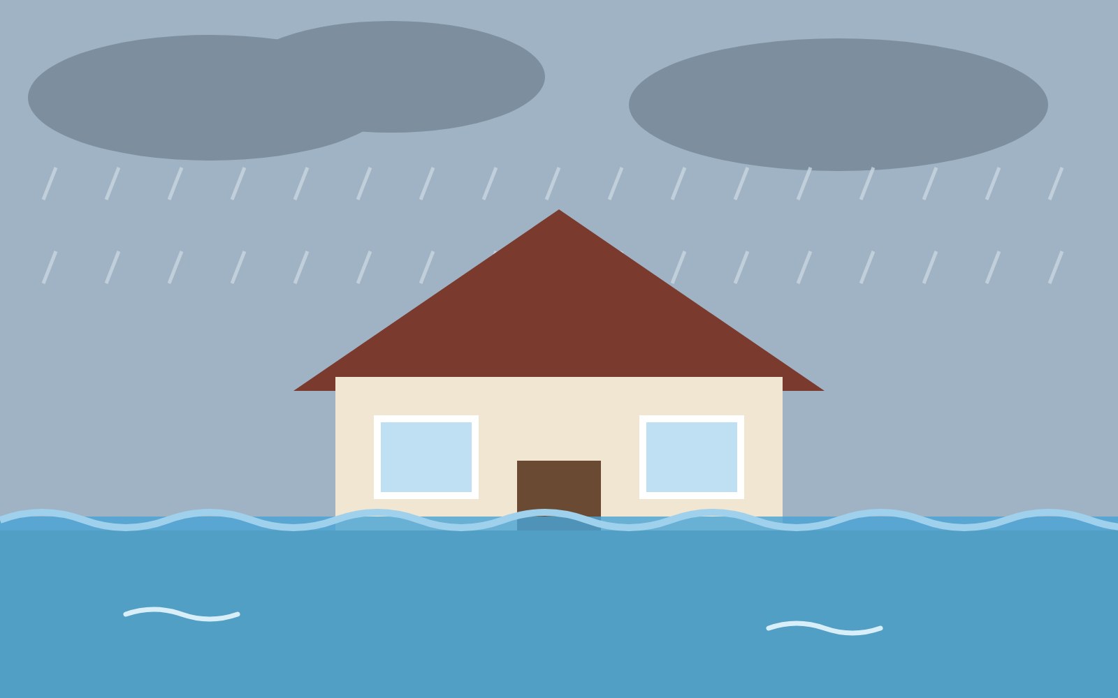 Cartoon illustration of a house submerged in floodwater during heavy rain with dark storm clouds overhead