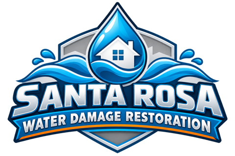 Santa Rosa Water Damage Restoration logo with blue water droplet, house icon, waves, and shield emblem