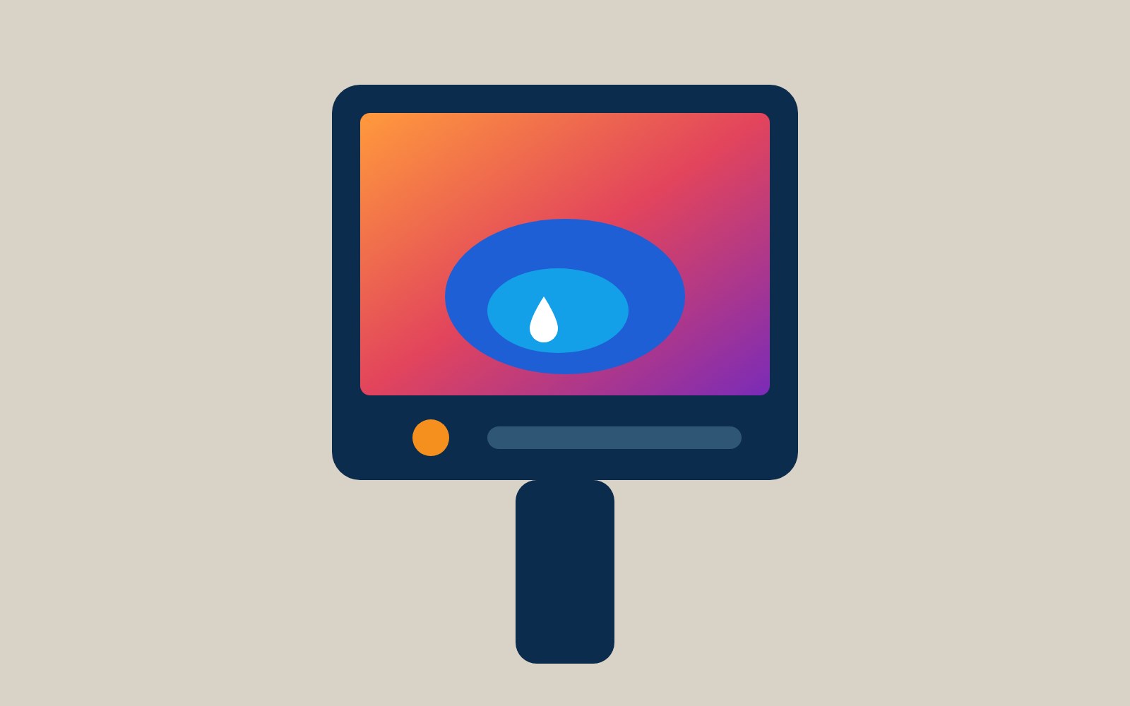 Illustrated thermal camera display showing a water leak detection symbol with a blue droplet icon