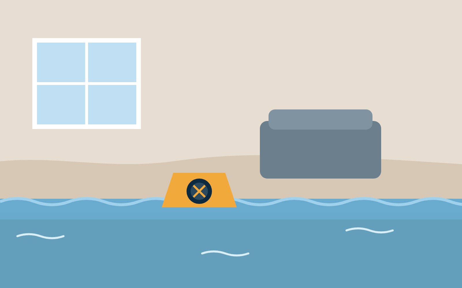 Flooded living room with water-damaged furniture and a submerged warning sign, illustrating water damage restoration needs.